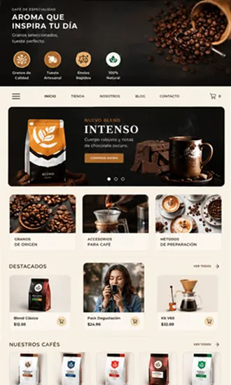 Vista móvil del sitio Coffe con pedidos de café de especialidad online