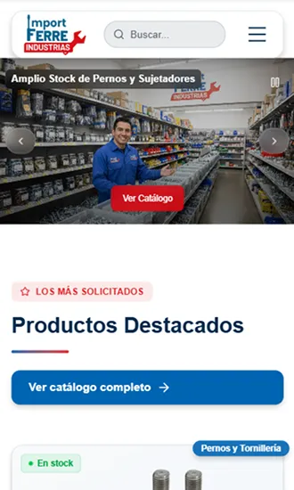 Vista móvil del sitio Ferreindustrias con insumos metalúrgicos para industria