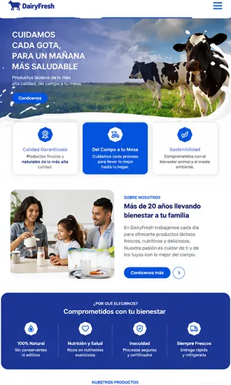 Vista móvil del sitio Leche con productos de café y lácteos