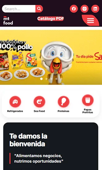 Vista móvil del sitio MT Food con pedidos online para distribución de alimentos