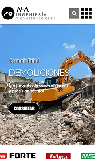Vista móvil del sitio NA Construcciones con servicios de construcción y presupuesto