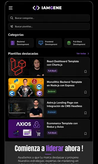 Vista mobile del marketplace de plantillas web WordPress y React optimizado para desarrolladores