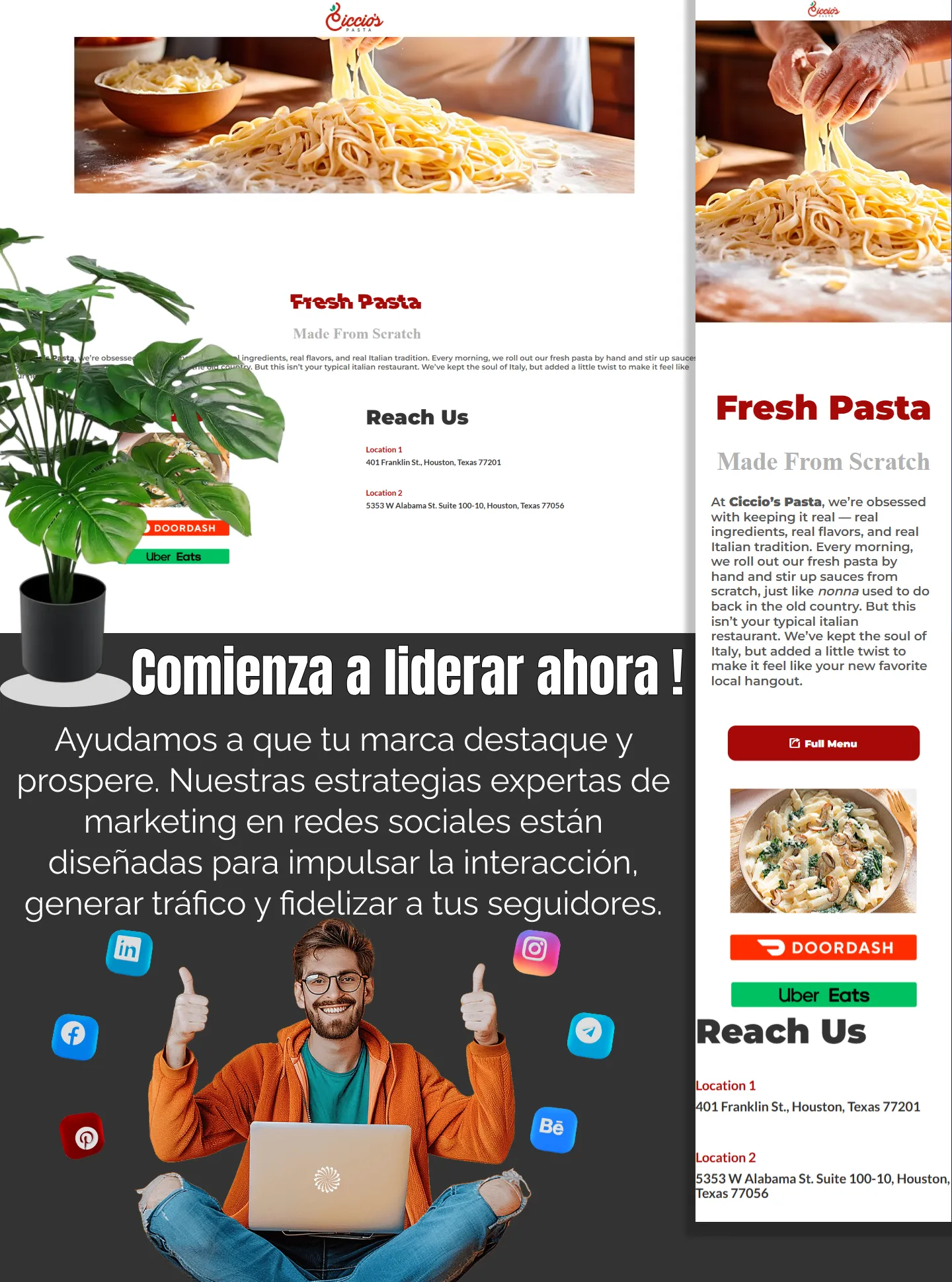 Vista desktop del sitio Ciccio's Pasta con menú de pastas artesanales y reservas online