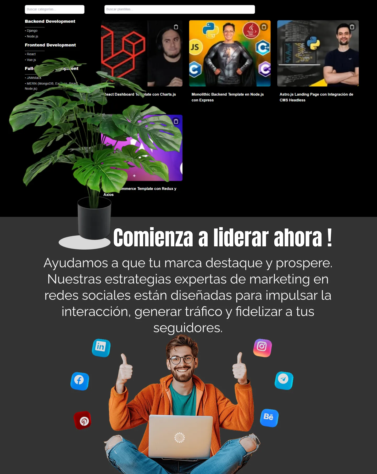 Vista desktop del marketplace con catálogo de plantillas WordPress y React con filtros y previews